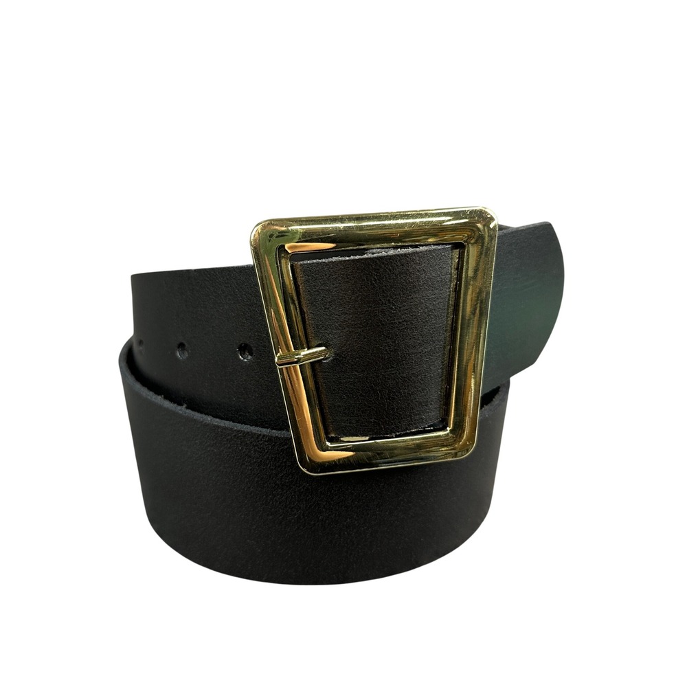 Black Genuine Leather Wide Belt Gold Trapezoid Buckle Size S 5139